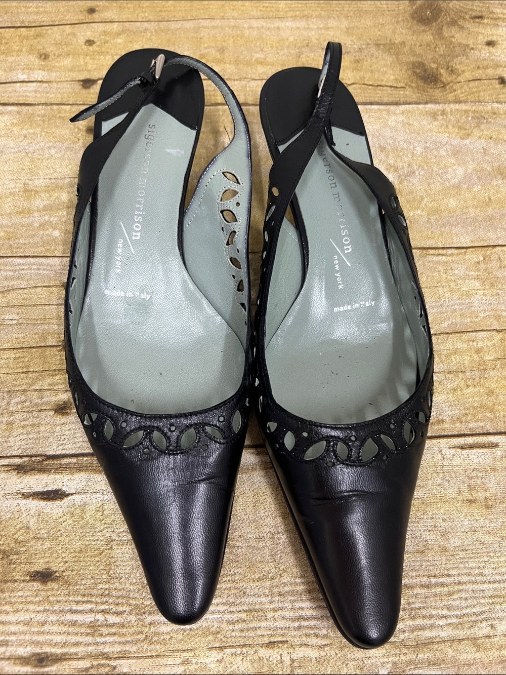 Vintage Sigerson Morrison blk Pointed Leather Slingback kitten heel mules size 8